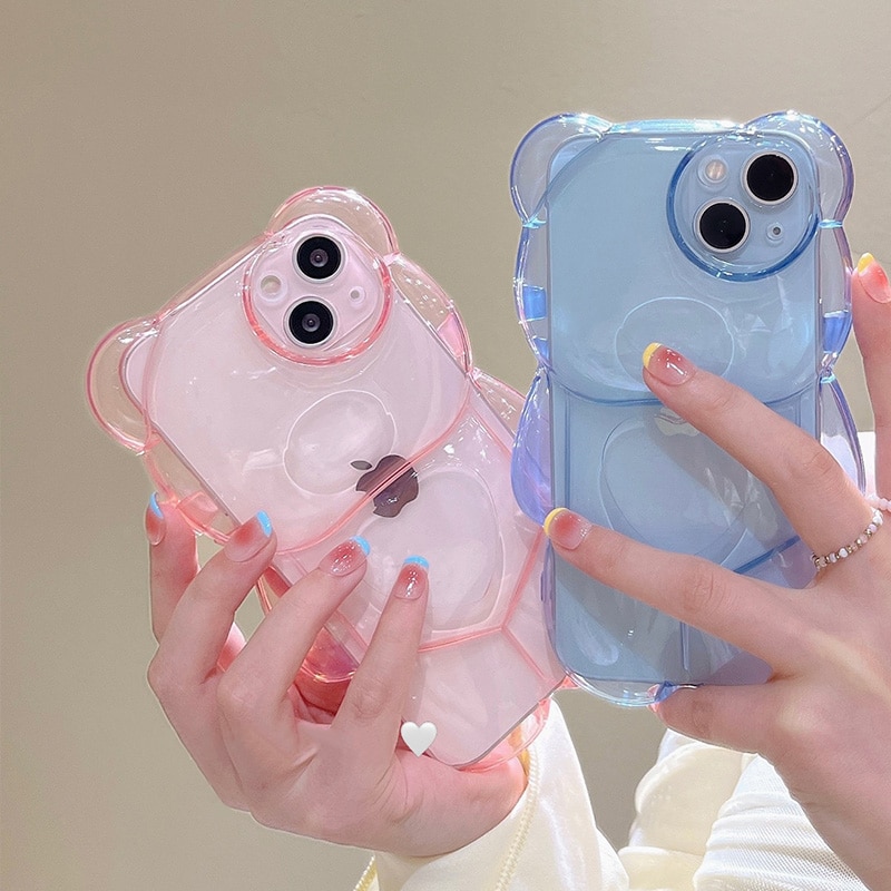 Cartoon 3D Bear Shape Cute Design Clear Case For iPhone 13 12 11 Pro Max XS 4 Cartoon 3D Bear Shape Cute Clear Case For iPhone with Lens Protection Cover