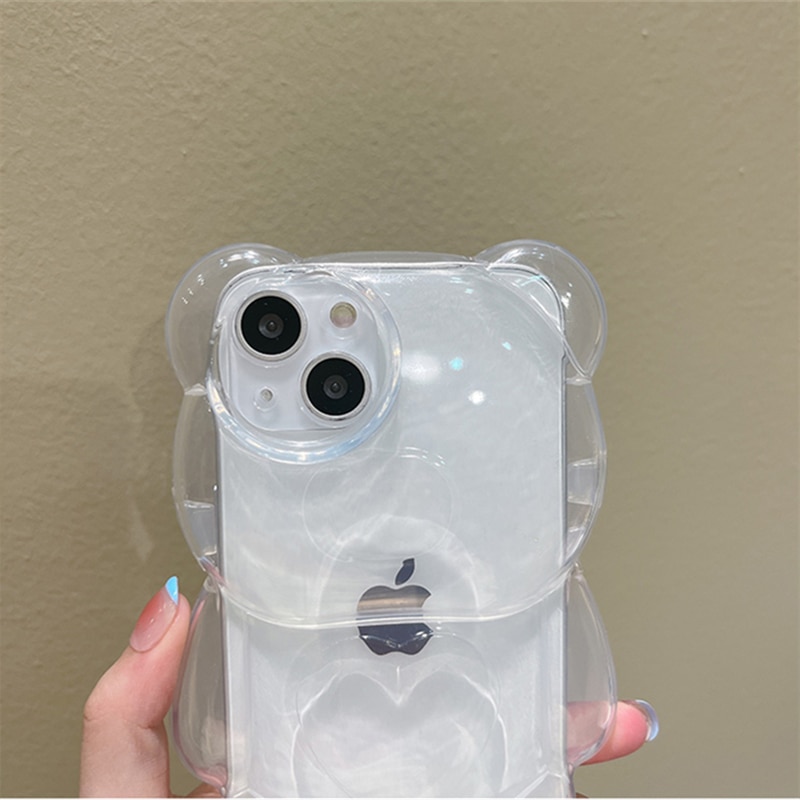 Sa886c9c982544b4aaa02f458286e3c19T Cartoon 3D Bear Shape Cute Clear Case For iPhone with Lens Protection Cover