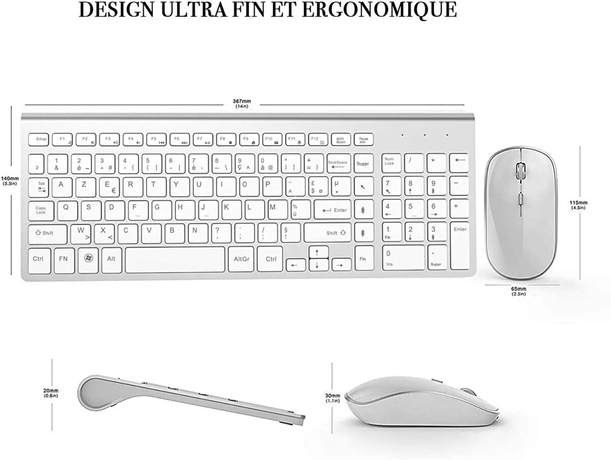 AZERTY French 2 4G Wireless Keyboard Mouse Ergonomic Compatible with IMac Mac PC Laptop Tablet Computer 2 French 2.4G Wireless Keyboard Mouse Compatible with iMac PC Laptop Tablet Computer Windows (Silver White)