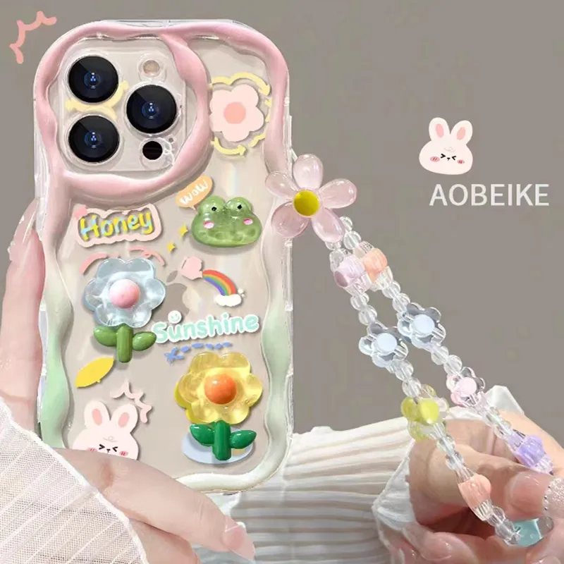 Clear 3D Bear Hang Cute Phone Case For iPhone 14 13 12 11 Pro Max Plus 1 Cute 3D Flower Bracelet Wrist Chain Lanyard Clear Soft Phone Case For iPhone