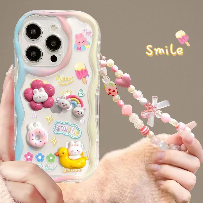 Clear 3D Bear Hang Cute Phone Case For iPhone 14 13 12 11 Pro Max Plus 2 Cute 3D Flower Bracelet Wrist Chain Lanyard Clear Soft Phone Case For iPhone