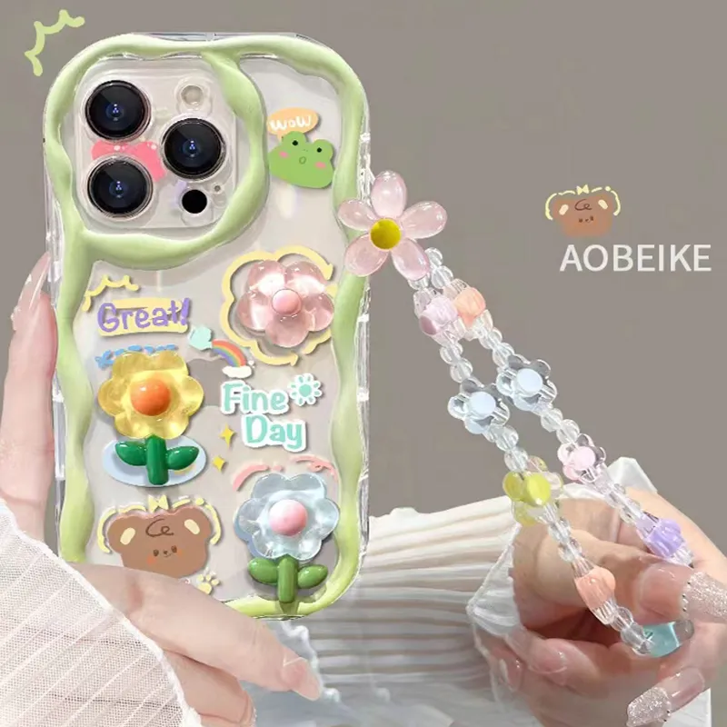 Clear 3D Bear Hang Cute Phone Case For iPhone 14 13 12 11 Pro Max Plus Cute 3D Flower Bracelet Wrist Chain Lanyard Clear Soft Phone Case For iPhone