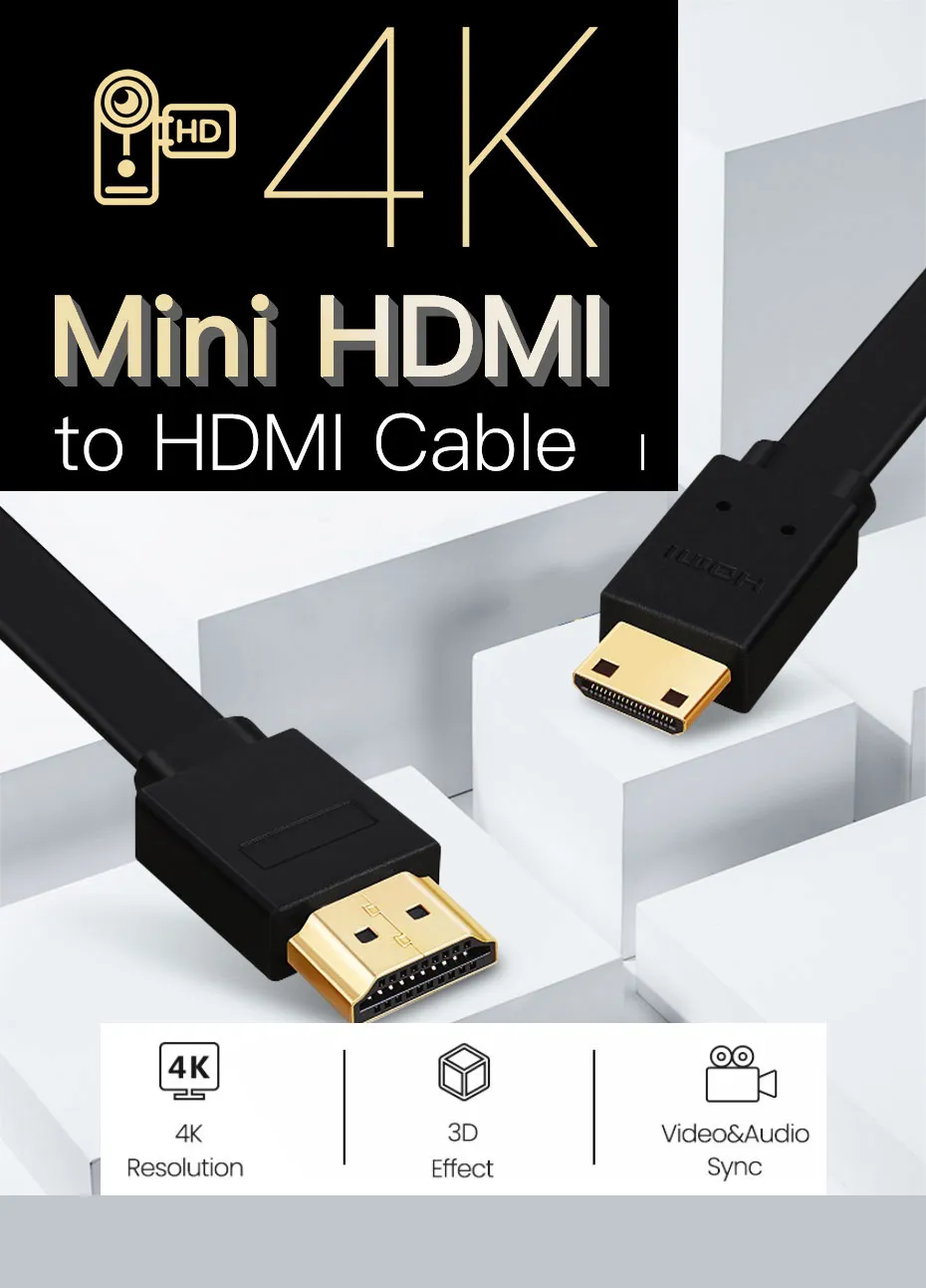 Hadac808a992848fe8780f0842bfd8720t Flat High Speed Mini HDMI to HDMI Cable 4K 3D 1080P
