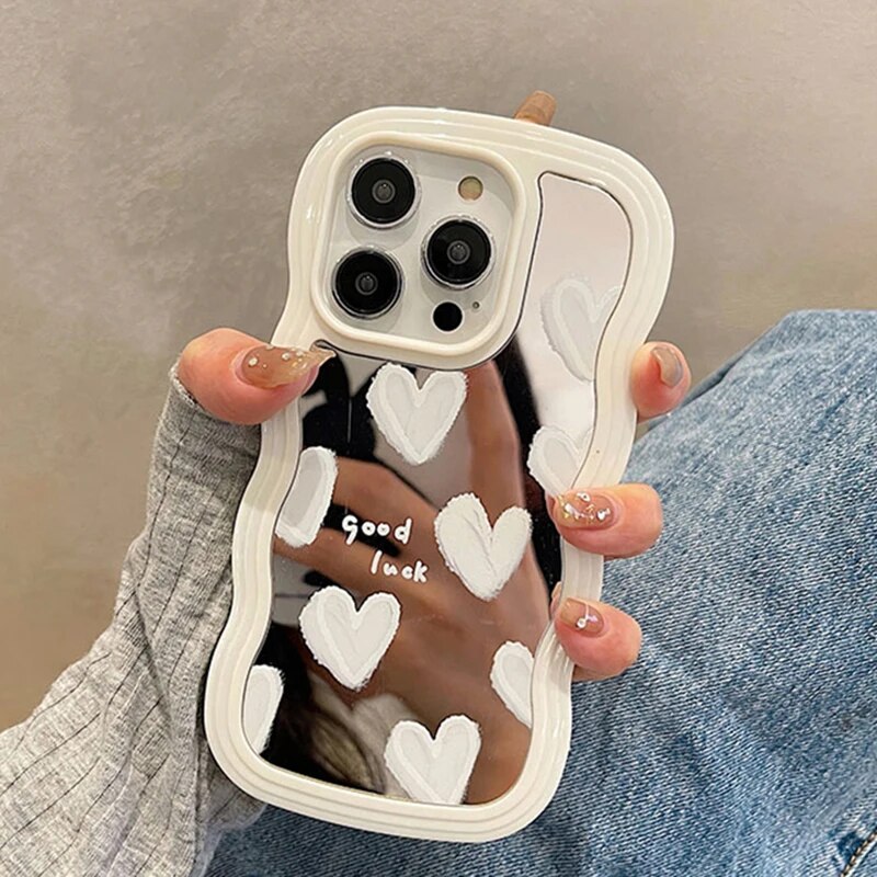 Korean Lovely White Heart Makeup Mirror Case For iPhone 14 Pro Max 13 11 12 14 eTrader - Shop with discounts & offers
