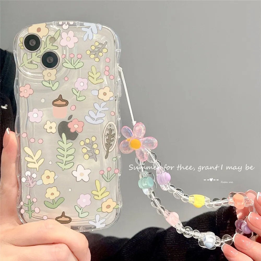 S78cd74b9dd0b4f13a576c0d42d738c39y Cute 3D Flower Bracelet Wrist Chain Lanyard Clear Soft Phone Case For iPhone