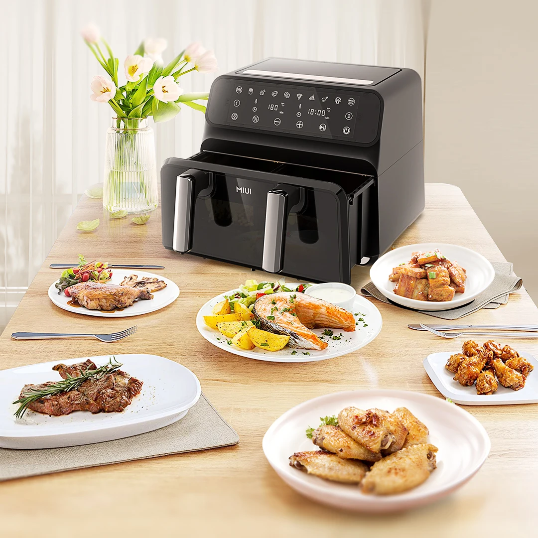 S9b7ce20cc4b2400c91c7acdeeefccaaeH MIUI Smart Double Air Fryer with Two Baskets Dual Screen Touch Control 4.5L/9L